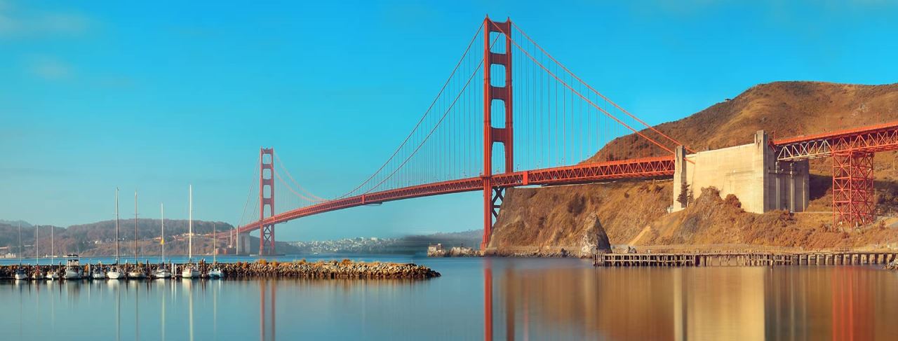 Golden Gate Bridge panorama in San Francisco with reflections