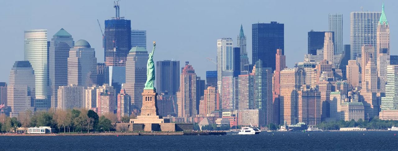 New York City lower Manhattan skyline with Statue of Liberty