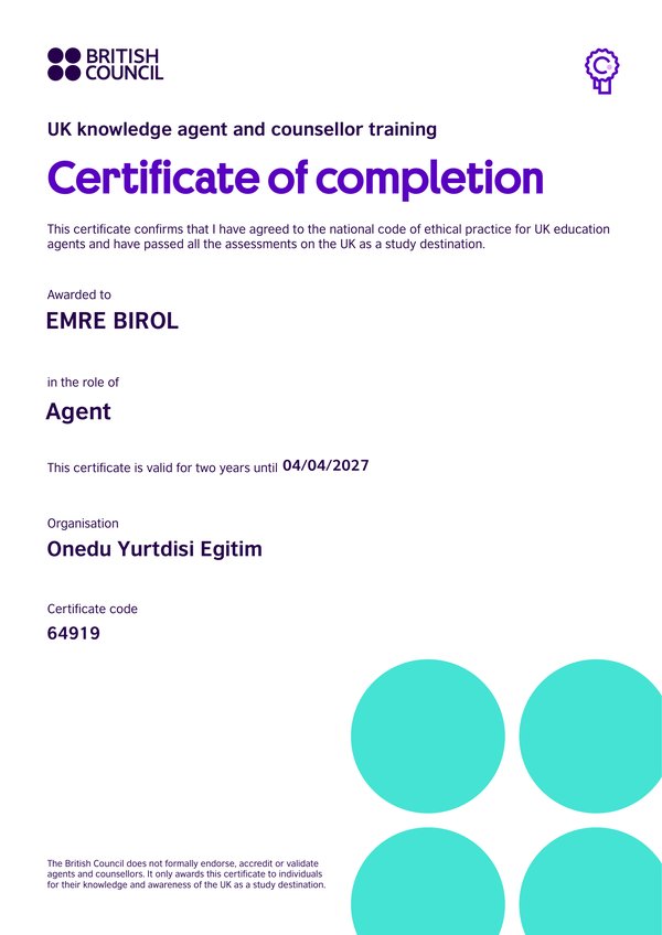 Emre Birol'un British Council UK knowledge agent and counsellor training Certificate of completion belgesi